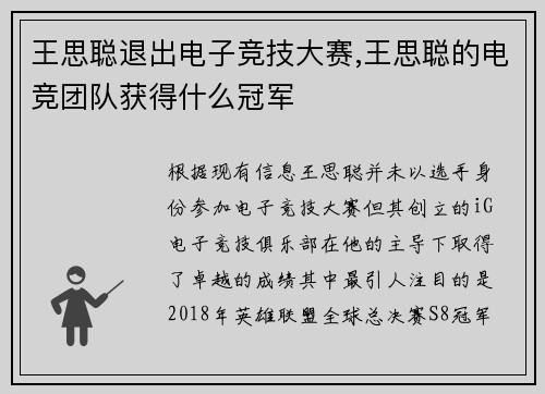 王思聪退出电子竞技大赛,王思聪的电竞团队获得什么冠军